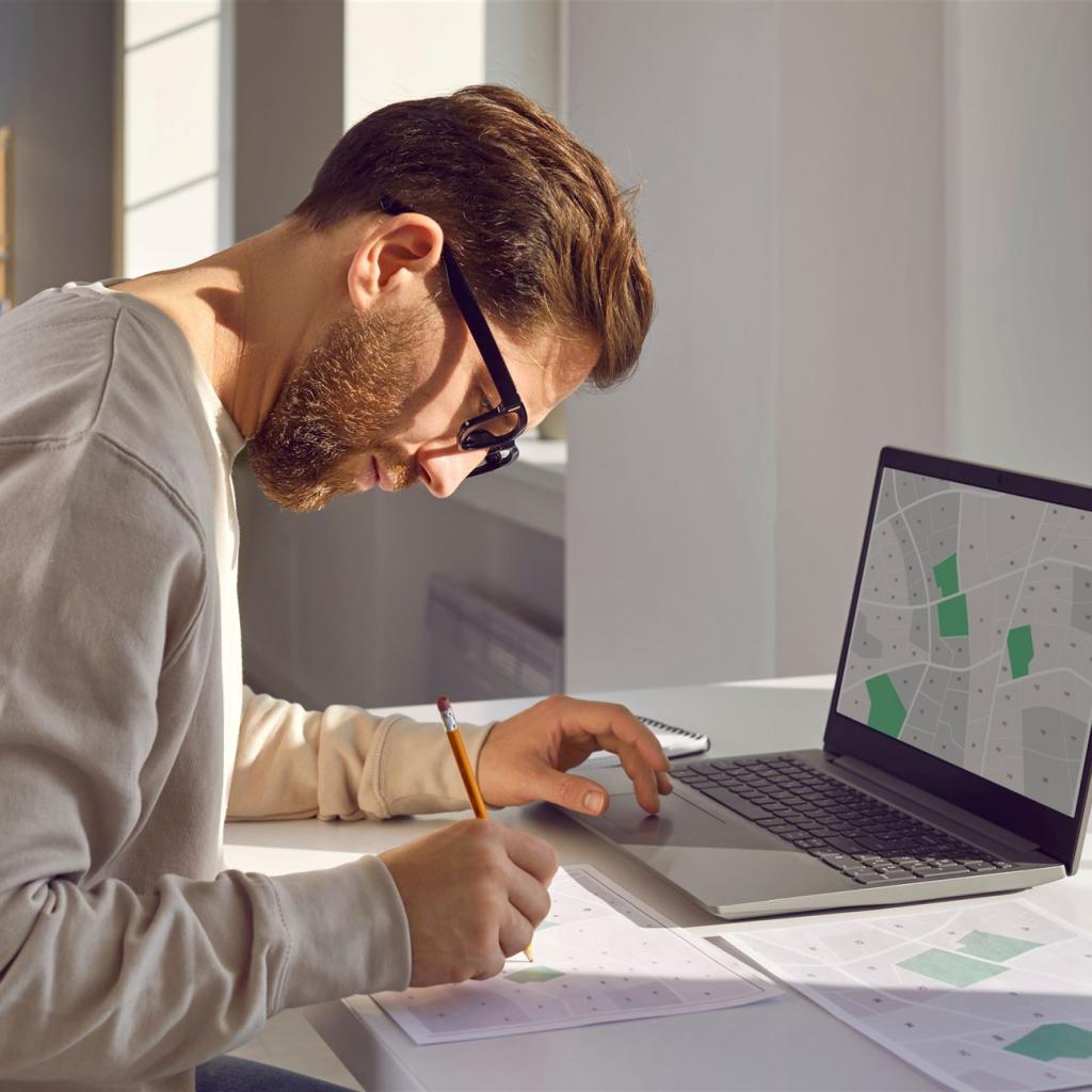 Ein Geomatiker sitzt vor seinem Laptop und berechnet einen Vorgang